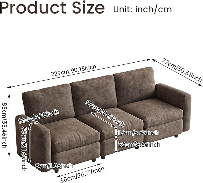Loveseat Modular Sectional Sofa 2 Seat Sofa Modern Sectional Couches with Deep Seats for Living Room Upholstered Couch with Soft Backrest 63.38 L Brown (No Ottoman)