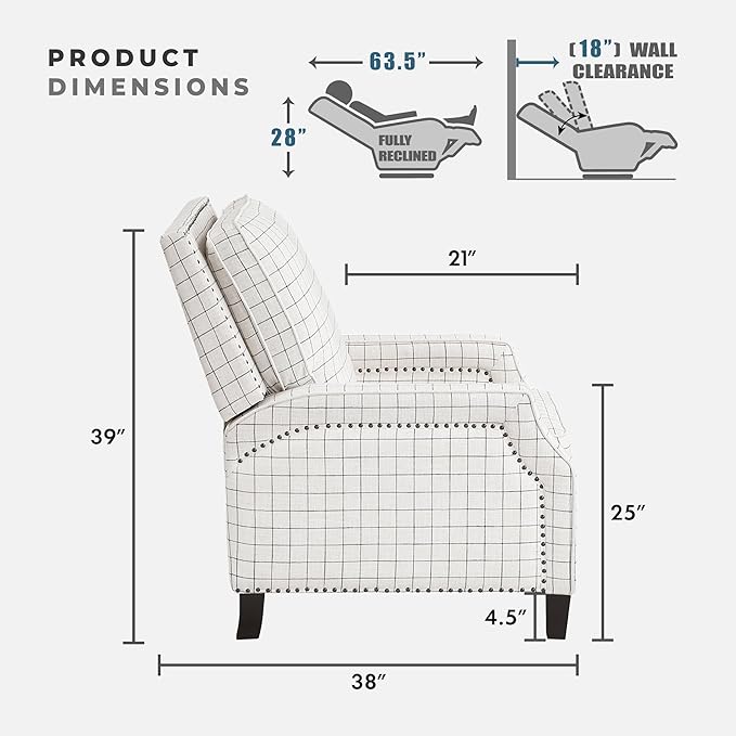 Lexicon Pushback Recliner Chair Plaid Textured Fabric Armchair Push Back Reclining Chair Nailhead Trim Solid Wood Legs Easy Assembly for Living Room/Office/Apartment Off-White