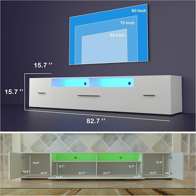 LED TV Stand for 65 75 85 Inch TV Modern Entertainment Center with Light String 31 Modes Full Color Selection Long TV Console with Large Storage for 90 Inch TV in Living Room Bedroom White