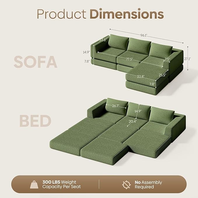 L-Shaped Corduroy Modular Sectional Couch Modern Floor Couch Sofa for Apartment Living Room Convertible Sleeper Sofa Bed with 3 Pillows No Assembly Required Green