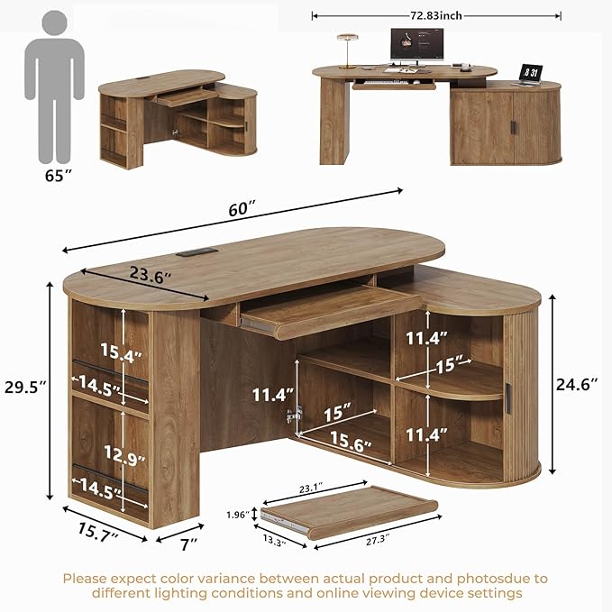 HSH L Shaped Computer Desk with Storage Cabinet Reversible Office L Desk with Keyboard Tray and Open Shelves Home Office Corner Executive Desk with Power Outlet Annual Ring Wood 60 Inch