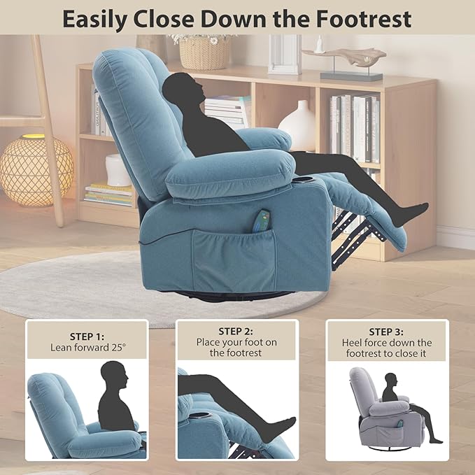 Rocker Recliner Chair with Massage and Heat Fabric Overstuffed Swivel Recliners Glider with Cup Holder Side Pocket Rocking Reclining Sofa Chair for Adults Living Room Blue
