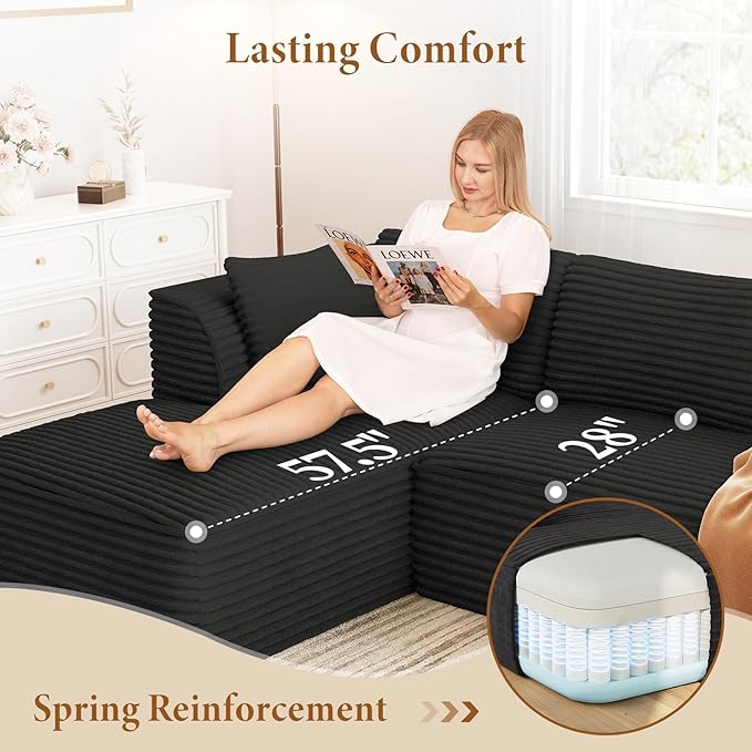 Vesgantti 106 Cloud Sectional Couch with Chaise Deep Seat Comfy Modular Sectional Sofa Corduroy Memory Foam Boneless Couches for Living Room Bedroom No Assembly Required (Black Left-Facing Chaise)