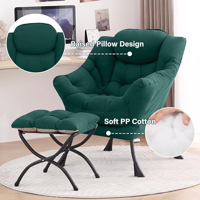 Tiita Lazy Chair with Ottoman Green Modern Large Accent Chair Comfy Leisure Sofa Armchair with Ottoman Reading Chair with Footrest for Bedroom Living Room Dorm Rooms Green