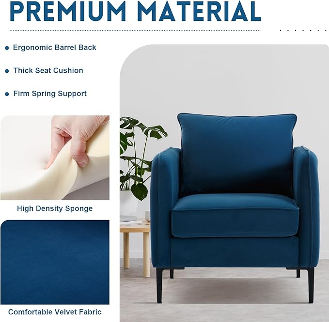 Velvet Accent Chair Mid Century Modern Single Arm Chair Comfy Living Room Reading Bedroom Lounge 6.3 Inch Upholstered Cushioned Black Metal Legs (Blue Sofa Chair Set of 2)
