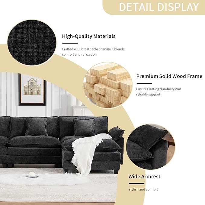 117.3” Black Modular Sectional Sofa 3 Seater Large Sectional Couches for Living Room Chenille Fabric Oversized Cloud Couch with Ottoman Deep Seat Wide Armrest Home Sofas Set Sofá Moderno