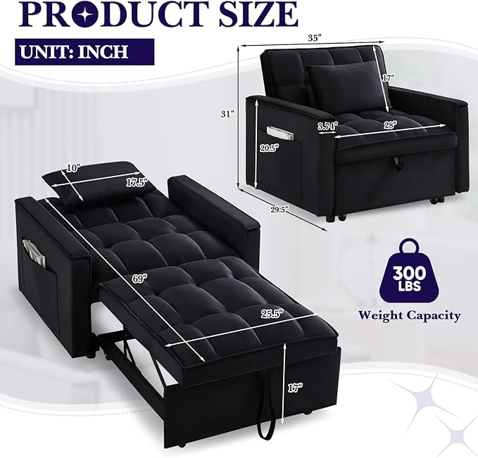 Antetek Sleeper Sofa Chair Bed Convertible Velvet Single Pull Out Sofa Chair Modern Tufted Living Room Reading Chair with Adjustable Backrest/Pillow for Small Space Apartment Office Black