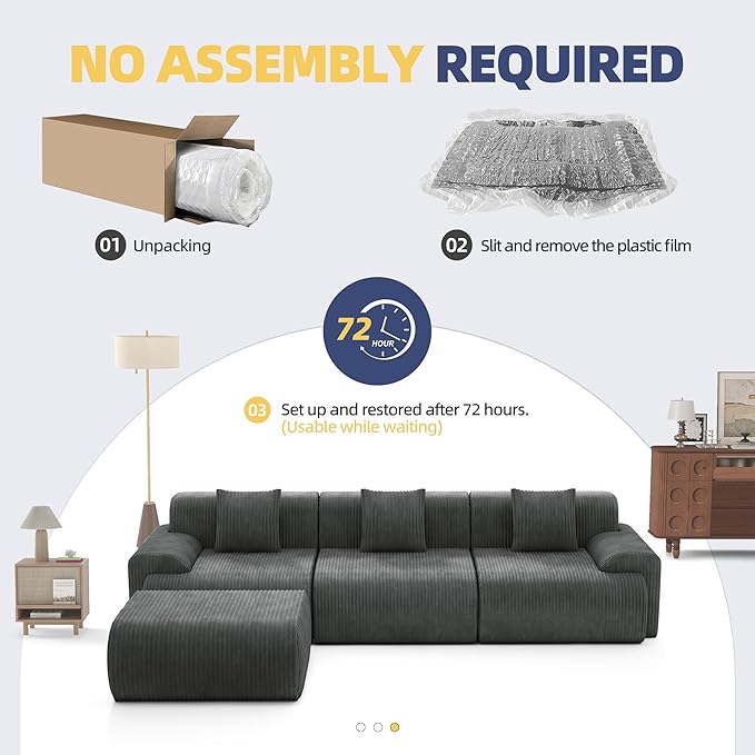 118 Modern L Shaped Modular Sectional Sofa Boneless Cloud Couch with Ottoman Oversized Corduroy Couch Deep Seat 30D Sponge for Indoor Living Room No Assembly Required(Gray)