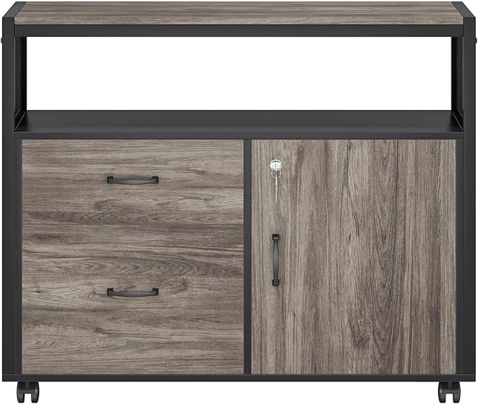 Tribesigns Modern File Cabinet with Drawers for Letter-Sized File and Door Lockable lateral Filing Cabinet Printer Stand with Storage Shelves and with Rolling Caster for Home Office (Gray)