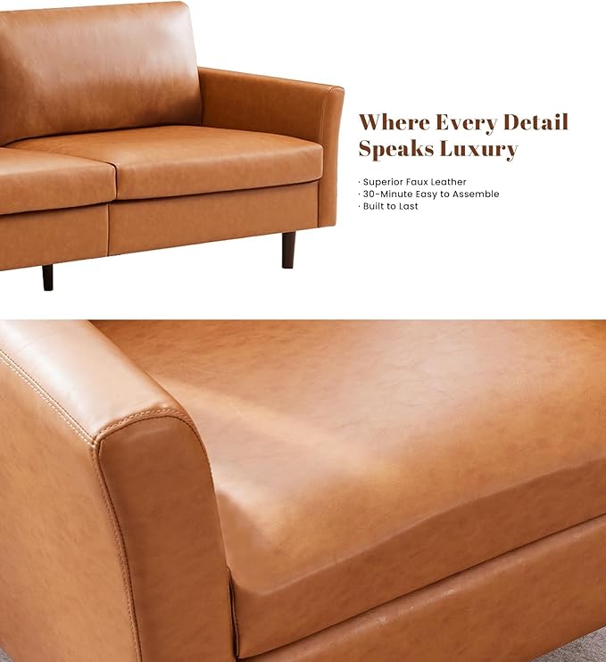 Kingfun Living Room Furniture Sets 3 Seater Sofa Loveseat and Loveseat Mid Century Modern Sofa Set Faux Leather Couch with Solid Wood Frame for Living Room &amp Bedroom Chestnut