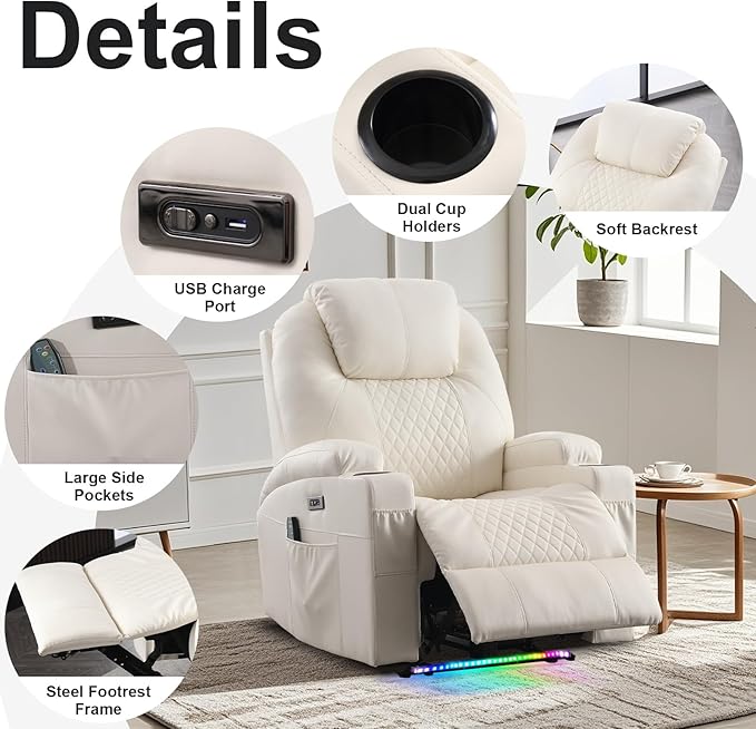 AHMED Power Recliner Chair with Vibration Massage &amp Heat for Adults Faux Leather Home Theater Seating with Cup Holders/LED Lights/USB Ports/Side Pockets for Living Room Beige