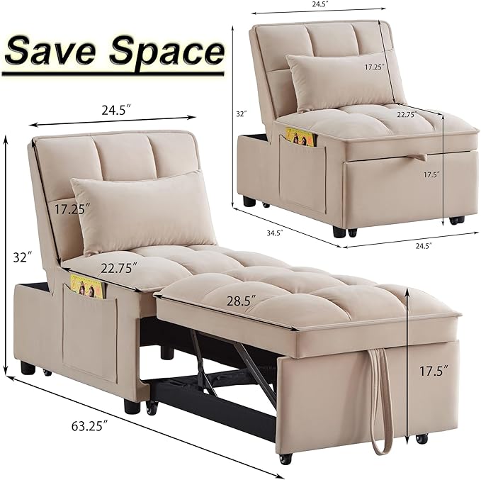 4 in 1 Bouncer with Pull-Out Bed Convertible Slip on Sofa Chair with Storage Pockets and Adjustable Backrest Comfortable Folding Footrest Bed Living Room (Peach)