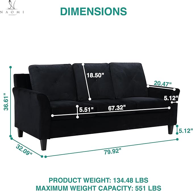 Naomi Home Raelynn Button Tufted Sofa Affordable Black Modern Sofa - Microfiber Couch for Small Spaces Cama para Sala Modernos Baratos - Durable Sturdy Living Room Furniture Tool - Free Assembly