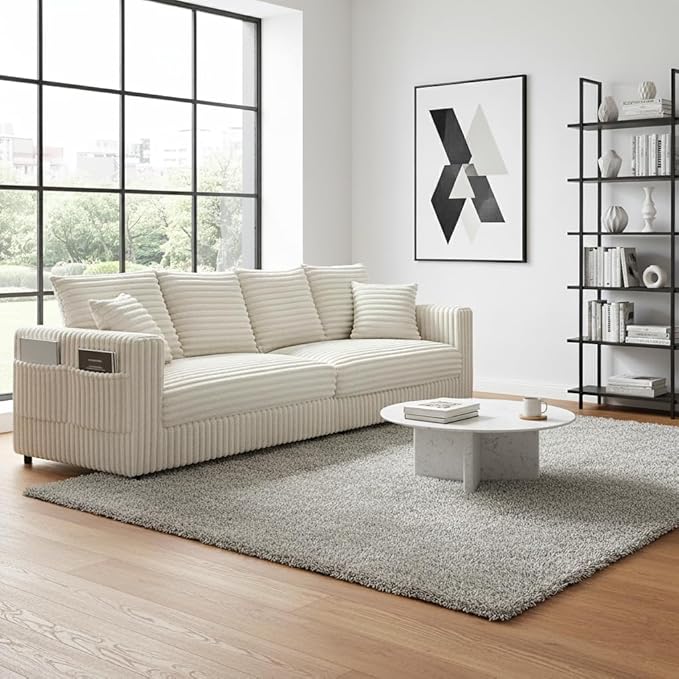 96.8'' Oversized Cloud Couch 4 Deep Seats Modular Sectional Sofa with Cup Holders &amp Storage Plush Corduroy Upholstered Memory Foam Couches for Living Room Apartment Office (Beige)