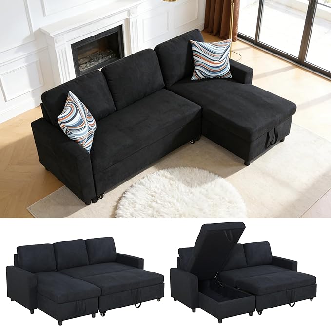 Queen Sleeper Sofa 83 Inch Convertible Sofa Bed with Storage Modular Sectional Couch with Pull Out Bed L Shaped 3 Seat Sectional Sleeper Sofa for Living Room Apartment Black