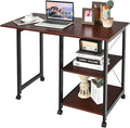 DORTALA Folding Computer Desk Modern Writing Table w/ 2-Tier Storage Shelves PC Laptop Study Table Workstation w/ 6 Wheels Space Saving Compact Desk Side Table for Home Office Apartment Brown