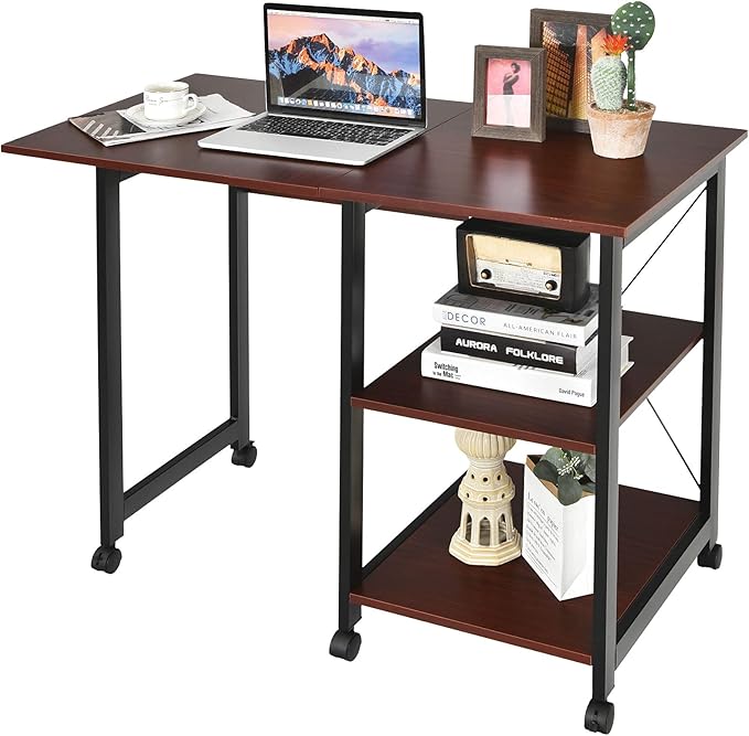 DORTALA Folding Computer Desk Modern Writing Table w/ 2-Tier Storage Shelves PC Laptop Study Table Workstation w/ 6 Wheels Space Saving Compact Desk Side Table for Home Office Apartment Brown
