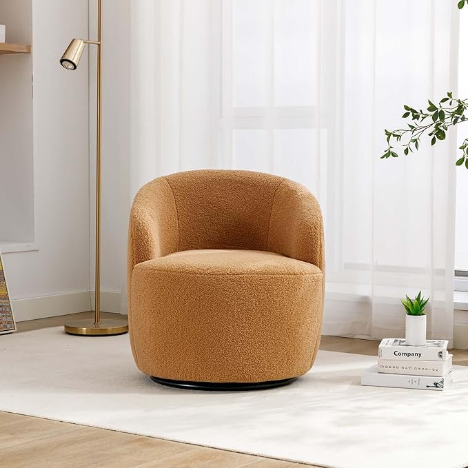 Swivel Barrel Chair with Foam FilledSwivel Accent ChairComfy Backrest Teddy Round Swivel Chair for Living Room (Khaki)