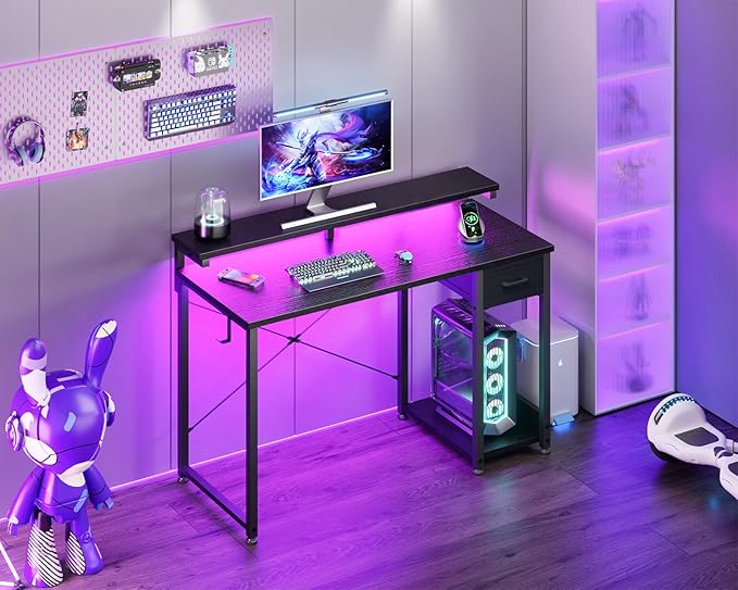 AODK Gaming Desk with LED Lights 40 Inch Computer Desk with Drawers Reversible Small Desk with Monitor Stand &amp Headphone Hook for Home Bedroom Black