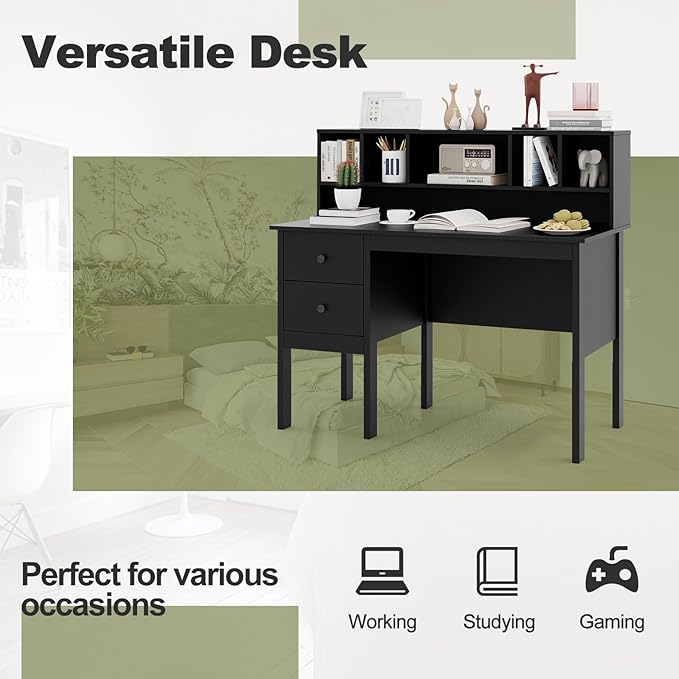 Giantex Black Desk with Drawers &amp Hutch Home Office Desk with Charging Station 5 Storage Cubbies Makeup Vanity Table Modern Study Writing Desk PC Laptop Desks Computer Workstation for Bedroo