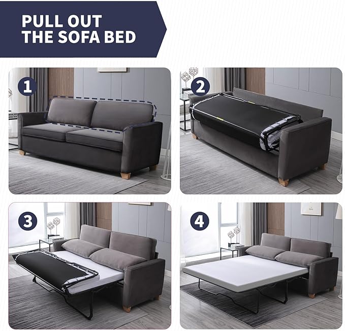 70 Full Size Pull Out Sofa Bed 2 in 1 Sleeper Sofa Couch Bed Velvet Modern Convertible Guest Loveseat Sofa Couch Beds Mattress Cushions Pillow Include for Home Apartment Office Dark Grey