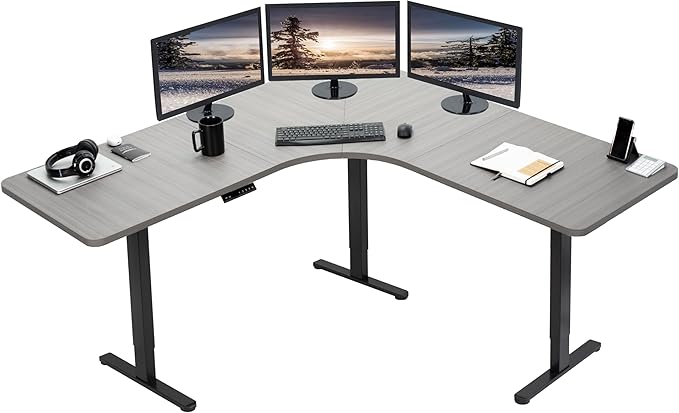 VIVO Electric Height Adjustable 71 x 71 inch Curved Corner Stand Up Desk Dark Gray Table Top Black Frame Memory Controller L-Shaped Workstation E3C Series DESK-KIT-E3CBG