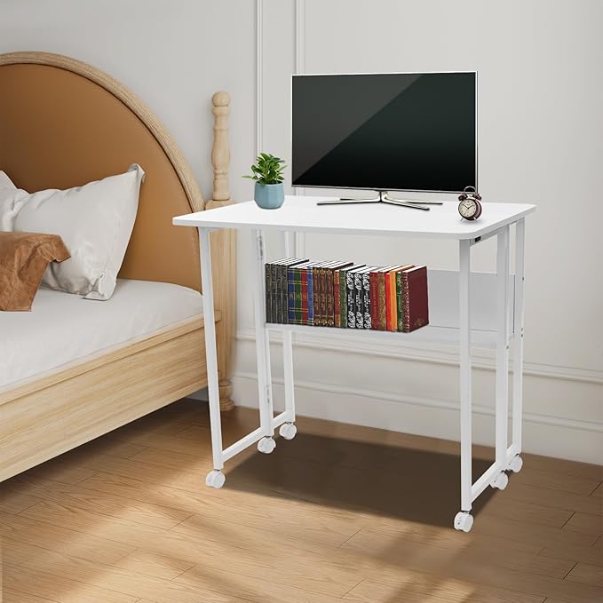 31.5 Mobile Folding Desk with Wheels Small Foldable Desk for Small Spaces Computer Table Writing Workstation for Home Office Easy Assembly White