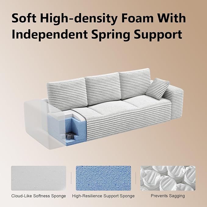 Corduroy Cloud Modular Sectional Couch Boneless Memory Foam Sectional Sofa Comfy L-Shaped Compression Couches with Chaise for Living Room No Assembly Required(Beige 3-Seater)
