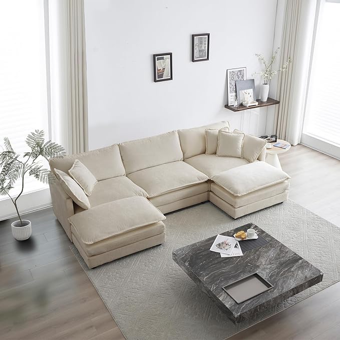 111.5 Modular Sectional Sofa U Shaped Deep Seat Cloud Couch with OttomanConvertible 3-Seater Comfy Chenille Upholstered Sofa Set for Living Room Apartment Studio – Light Coffee