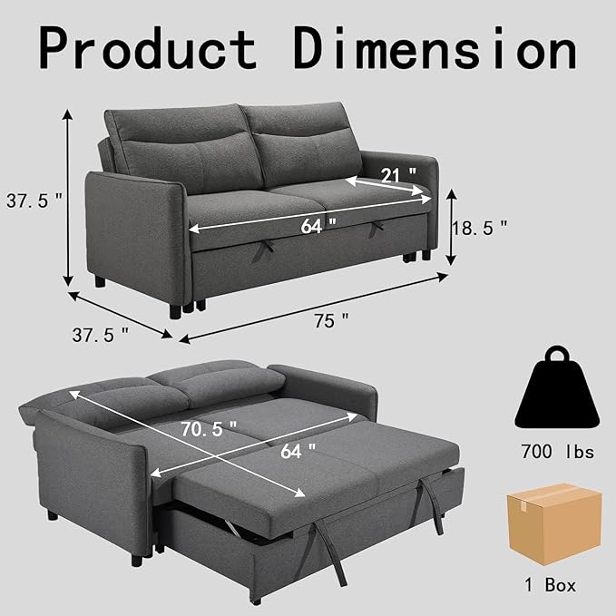 THSUPER 75‘’ Queen Size Sofa Bed Loveseat Sleeper Sofa with Pull Out Bed Converttible Small Sleeper Couch Bed for Living Room/RV/Apartment (Grey)