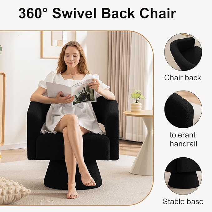 ClinQ Swivel Barrel Accent Chair Oversized Teddy Upholstered Round Swivel Chairs Set of 3 Modern Luxury 360° Living Room Vanity Chair for Bedroom Office&ampLiving Room Black