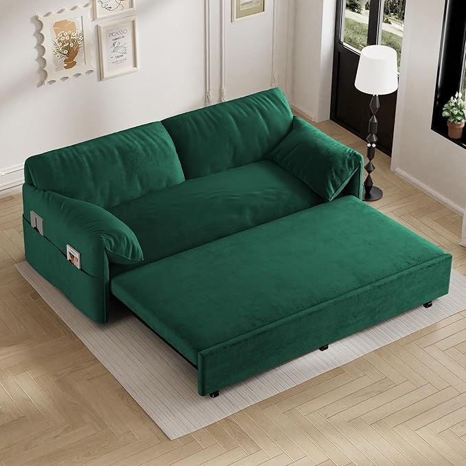 Pull Out Sofa Bed Queen 3 in 1 Convertible Sleeper Sofa Couch with Pullout Bed Comfy Futon Sofa cama moderno Velvet Recliner Loveseat for Living Room Apartment Small Space 63.8 Green