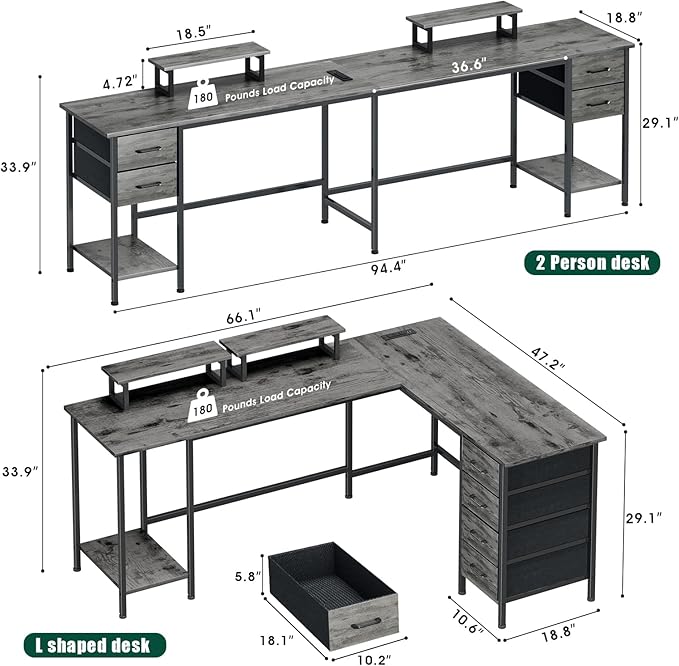 66 L Shaped Computer Desk 94.4'' Home Office Desk with Power Outlets 4 Adjustable Storage Drawers &amp 2 Monitor Stands Large Two Person Gaming Table for Writing Study Grey