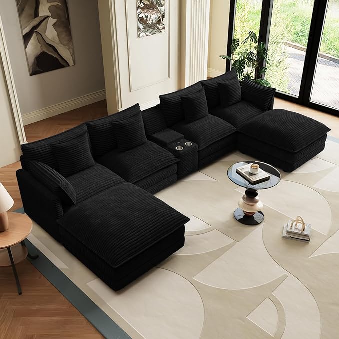 143 Oversized Modular Sectional Sofa U Shaped Cloud Couch 6 Seat Sofa Set for Living Room Comfy Corduroy Deep Seat with Storage Central Console Movable Ottomans USB Ports Cup Holders Black