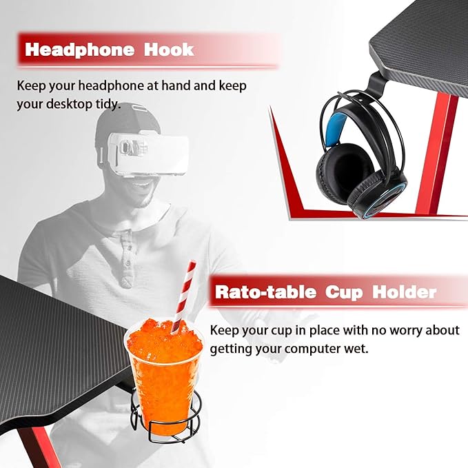 Greesum 44 Inch Z Shaped Computer Gaming Desk Home Office Table with Carbon Fiber Surface Cup Holder &amp Headphone Hook Red (GS-ZGD1RD)