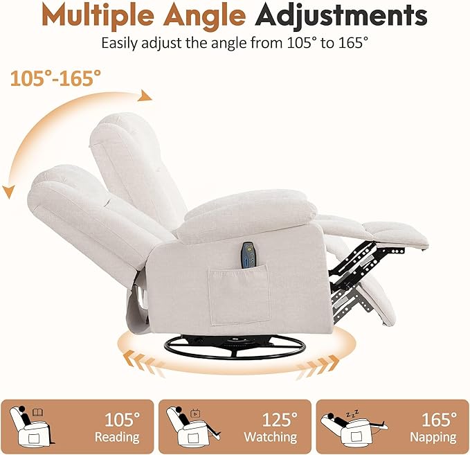 Rocker Recliner Chair for Adults 360° Swivel Rocker Recliner with Massage and Heating Nursery Rocking Chairs with Side Pockets Manual Reclining Chair for Living Room Bedroom or Nursery