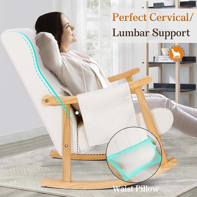 NOBLEMOOD Upholstered Rocking Chair with Ottoman Modern Indoor Nursery Glider Rocker Chair Solid Wood High Back Armchair with Fabric Padded Seat for Living Room Bedroom