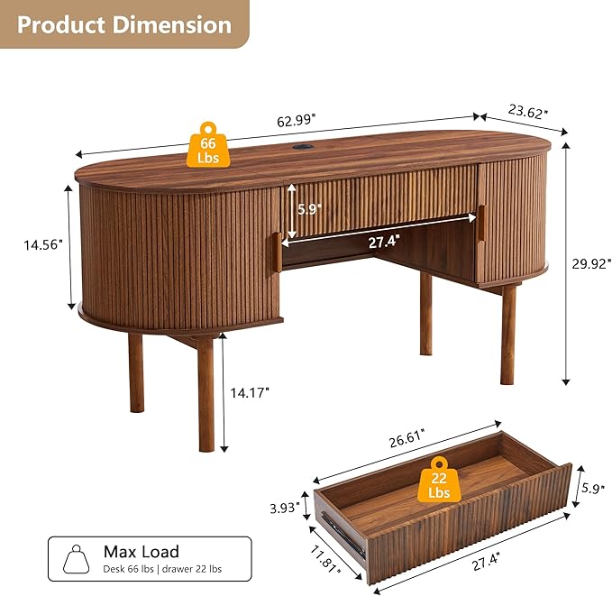 ORRD Home Office Oval Desk with Sliding Tambour Door and Drawer Modern Fluted Wood Executive Computer Storage Desk for Study Living Room Bedroom Office - Walnut