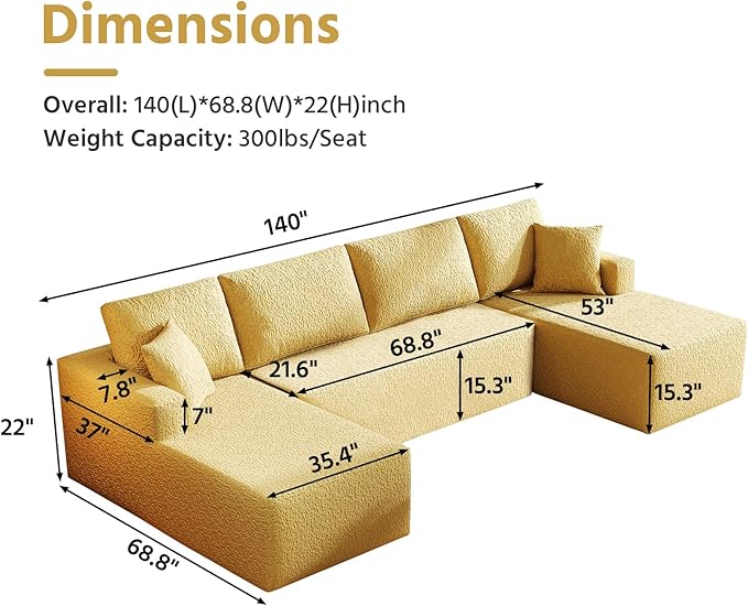 140 Modular U-Shaped Sectional Sofa 7-Seater Cloud Couch with Double Chaise Modern Sleeper SofaNo Assembly Sectional Cloud Boneless Sofa Couches for Living Room/Apartment