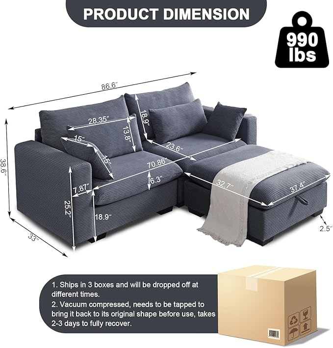 87 Modular Sectional Loveseat Sofa with Storage Ottoman Corduroy 2-3 Seater Couch for Small Spaces Oversized Love Seat Couches for Living Room Bedroom Home Office Sofa with Deep Seats (Dark Grey)