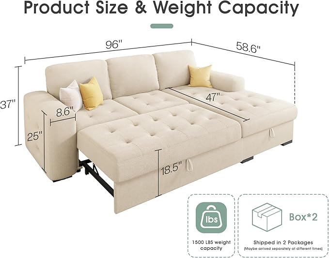 VanAcc 96 Sofa Bed Couch with Storage Chaise Convertible Sleeper Sofa Sleeper Couch with Pull Out Bed for Living Room(Beige)