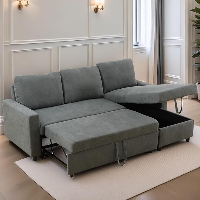 FONTOI Sofa Bed Pull Out Couch Convertible L Shaped Sleeper Sofa with Storage Chaise Modern Lounge Small Sectional Couches for Living Room Small Spaces Grey