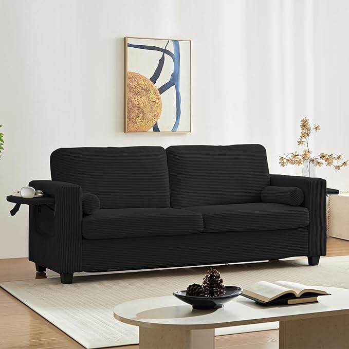 Mjkone 82 Width Queen Size Pull Out Sofa Bed Sleeper Couch with Pull Out Beds 2-in-1 Convertible Corduroy Loveseat Sleeper Sofa Couch Bed with Folding Mattress for Living Room Home Apartment Black