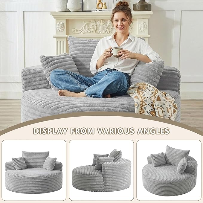 55 L Corduroy Sponge Single Sofa Oversized Round Chair Fluffy Modern Sleeper Chairs for Living Room Lounge and Projection Room Wide Armrest Lounge Chairs Armchair with Pillow Light Grey