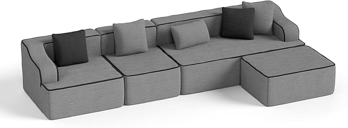 134 Cloud Boneless Sectional Couch with L-Shape Chaise Upholstered Corduroy Couch with Deep Seat No Assembly Required Compressed Sofa for Living Room Apartment Grey