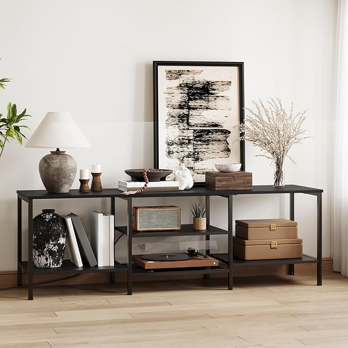 HOOBRO TV Stand with Power Outlets to 75 Inches TV Console Table with Open Storage Shelves Cabinet Industrial Media Entertainment Center for Living Room Bedroom Black BB60DS01