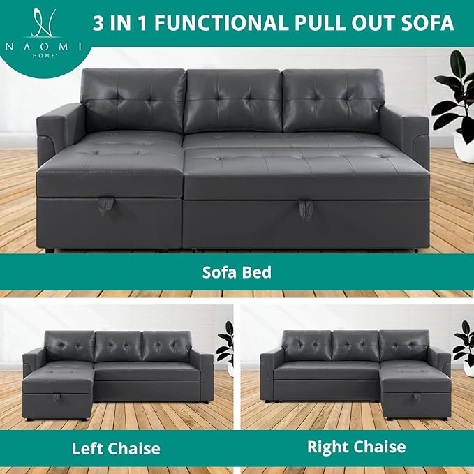 Naomi Home L Shaped Sectional Couch with Storage &amp Pull Out Bed – 3-in-1 Convertible Sleeper Sofa Bed Small L Shape Sofa for Living Room Sofa Bed with Storage Chaise in Dark Gray Air Leather