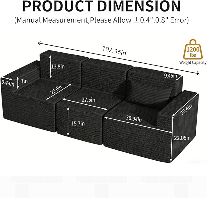Cloud Modular Sectional CouchSectional Sofa with Deep Seat Sofa Couch with ChaiseBoneless Couches for Living Room BedroomNo Assembly Required (Black 3 Seater)