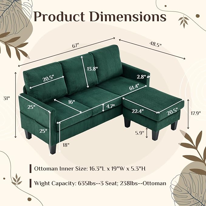 Karl home Small Sectional Couch L Shaped Sofa with Movable Storage Ottoman Corduroy Upholostered Sofa Chaise with Side Pockets for Living Room Apartment Studio Green