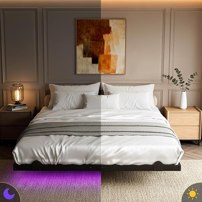 Floating Bed Frame with LED Lights and Charging Station 10 Inch Floating Bed Frame Full Metal Platform Full Bed No Box Spring Needed Easy to Assemble